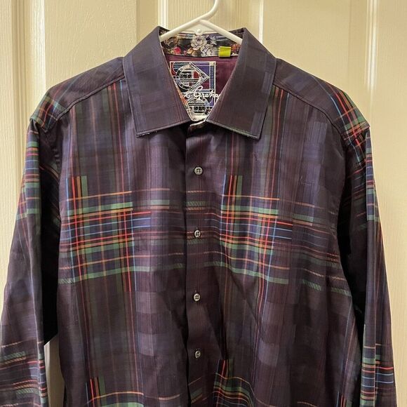 Robert Graham Rainbow Plaid Classic Fit Button Up Shirt Floral Contrast Cuffs XL - Picture 2 of 14